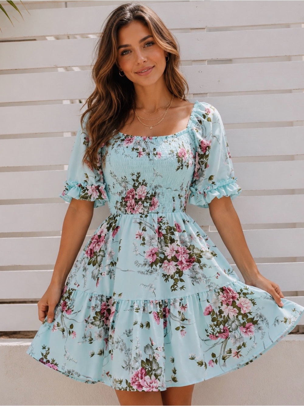 Mint Floral Smocked Puff Sleeve Dress